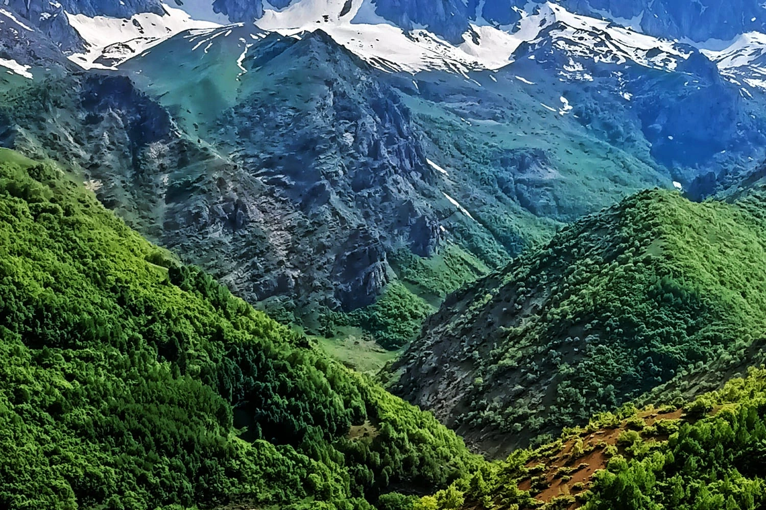 Yemyeşil vadilerin üzerinde karlı Munzur zirveleri