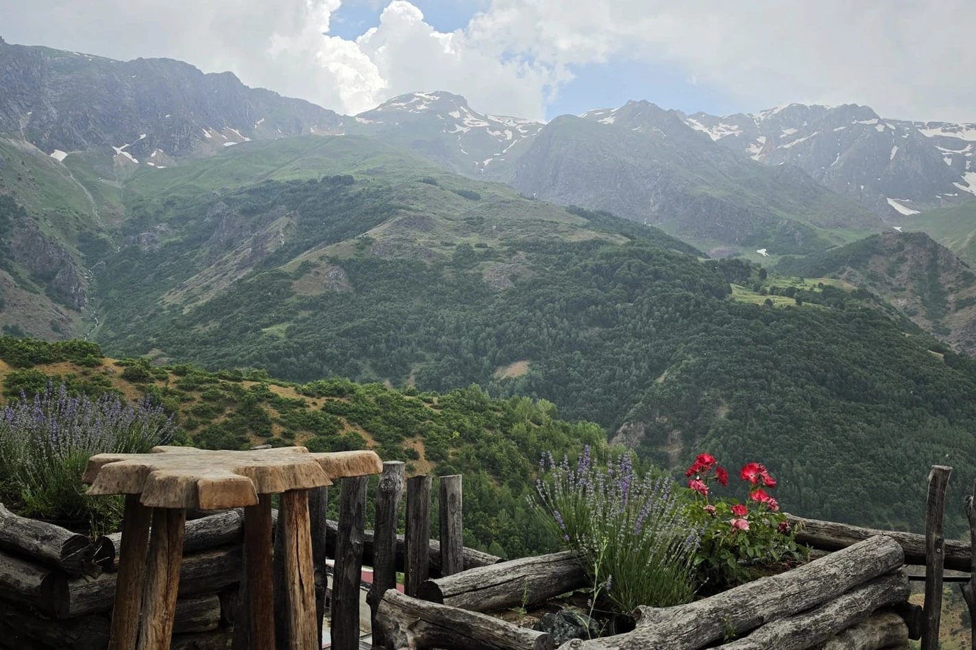 Terasta kütük saksılarda lavanta ve sardunyalar, ardında dağlar